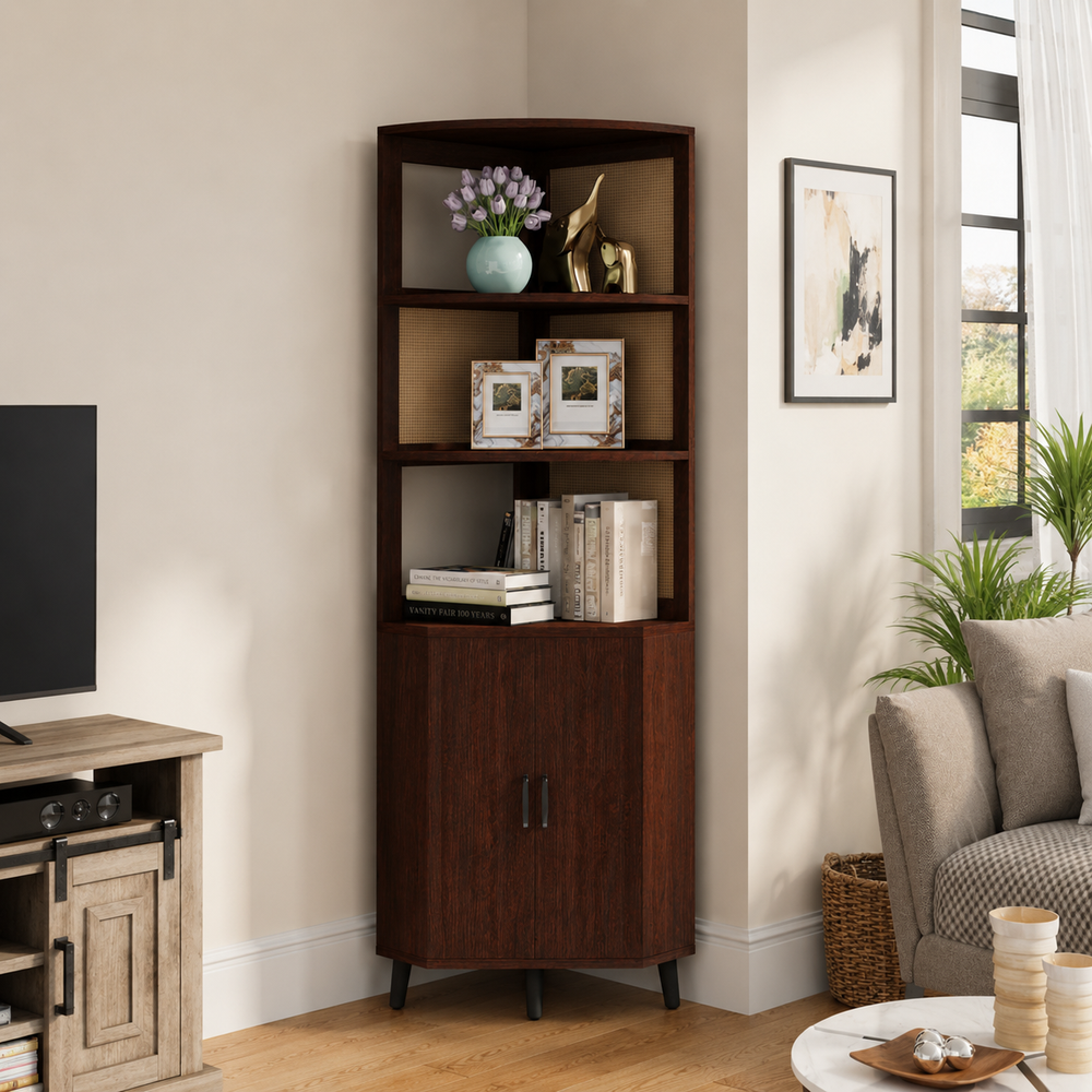 Teak wood corner cabinet with open shelves and closed storage by Sky Rise Decor