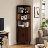 Teak wood corner cabinet with open shelves and closed storage by Sky Rise Decor