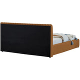Tan upholstered bed with ribbed headboard