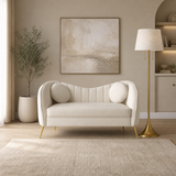 Modern cream loveseat sofa with teak wood frame and gold legs