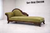 Premium teak wood Victorian chaise lounge couch with decorative wooden carving