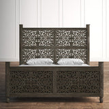 Solid mango wood bed with distressed grey finish.