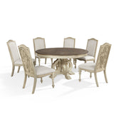 Farmhouse teak wood dining table with carved pedestal base