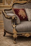 Handcrafted Royal Black Gold Carved 3 Seater Sofa in Premium Grey Fabric