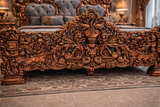 Royal Hand Carved King Size Bed – Copper Finish Grey Upholstery With 2 Side Table
