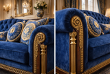 Imperial Azure – Royal Blue Gold Carved 3 Seater Sofa