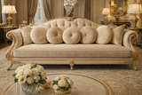 Handcrafted Royal Gold Carved 3 Seater Sofa in Premium Cream Fabric
