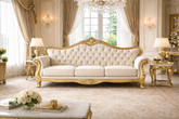 Antique Royal Luxury Hand-Carved Wooden 3 Seater Sofa β Cream Tufted Fabric & Gold Finish