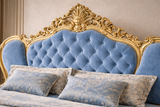 Luxury King Size Bed with Hand-Carved Gold Frame & Tufted Velvet Upholstery – Solid Wood Palace Design