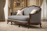 Classic Royal Hand-Carved Wooden 3 Seater Sofa – Grey Fabric & Walnut Finish