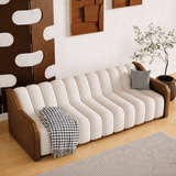 channel tufted fabric sofa with wooden arms teak wood