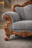 Antique Royal Luxury Hand-Carved 3 Seater Wooden Sofa β Grey Fabric Finish