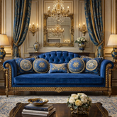 Imperial Azure β Royal Blue Gold Carved 3 Seater Sofa