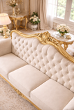 Antique Royal Luxury Hand-Carved Wooden 3 Seater Sofa – Cream Tufted Fabric & Gold Finish