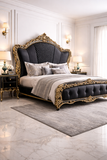 Luxury Black & Gold Royal Upholstered Bed – Hand Carved Designer Solid Wood Bed Frame | Antique Bedroom Furniture
