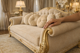 Handcrafted Royal Gold Carved 3 Seater Sofa in Premium Cream Fabric