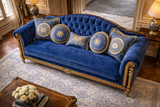 Imperial Azure – Royal Blue Gold Carved 3 Seater Sofa