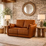 Solid teak wood leather loveseat sofa in caramel color
