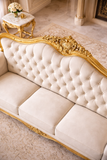 Antique Royal Luxury Hand-Carved Wooden 3 Seater Sofa – Cream Tufted Fabric & Gold Finish