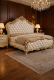 Luxury Cream & Gold Royal Upholstered Bed – Hand Carved Solid Wood Designer Bed Frame | Antique Bedroom Furniture