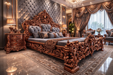 Royal Hand Carved King Size Bed – Copper Finish Grey Upholstery With 2 Side Table