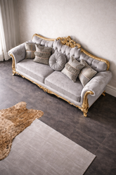 Sky Rise Decor Luxury Hand Carved 3 Seater Sofa Royal Sofa Set β Grey Fabric with Golden Polish For Your Luxurious Villa