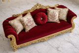 Luxury Royal Red Velvet 3 Seater Sofa | Antique Gold Hand Carved Wooden Sofa