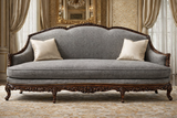 Classic Royal Hand-Carved Wooden 3 Seater Sofa – Grey Fabric & Walnut Finish