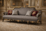Handcrafted Royal Black Gold Carved 3 Seater Sofa in Premium Grey Fabric