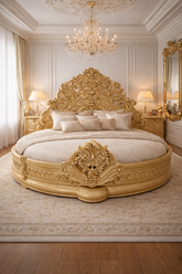 Wooden Royal Luxury King Size Golden Carved Round Bed β Premium Handcrafted Antique Bed