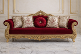 Luxury Royal Red Velvet 3 Seater Sofa | Antique Gold Hand Carved Wooden Sofa