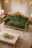 Luxurious Royal Green Velvet 3 Seater Sofa with Golden Carving – Premium Living Room Furniture