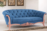 Royal Hand-Carved Wooden 3 Seater Sofa – Blue Tufted Fabric & Blush Pink Finish