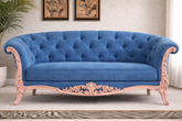 Royal Hand-Carved Wooden 3 Seater Sofa β Blue Tufted Fabric & Blush Pink Finish
