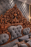 Royal Hand Carved King Size Bed – Copper Finish Grey Upholstery With 2 Side Table