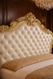 Luxury Cream & Gold Royal Upholstered Bed – Hand Carved Solid Wood Designer Bed Frame | Antique Bedroom Furniture
