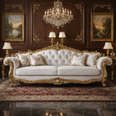 Luxury Royal Classic 3 Seater Sofa | Gold Carved White Upholstery