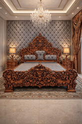 Royal Hand Carved King Size Bed – Copper Finish Grey Upholstery With 2 Side Table