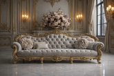 Luxury Royal Classic 4 Seater Sofa | Gold Carved Frame with Beige Tufted Upholstery