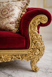 Luxury Royal Red Velvet 3 Seater Sofa | Antique Gold Hand Carved Wooden Sofa
