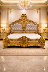 Royal Gold Carved King Size Bed | Luxury Antique Baroque Bedroom Furniture |Antique Bed