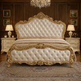 Luxury Cream & Gold Royal Upholstered Bed β Hand Carved Solid Wood Designer Bed Frame | Antique Bedroom Furniture