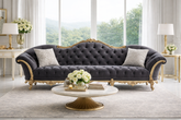 Luxury Royal Classic 3 Seater Sofa | Grey Tufted Upholstery with Gold Carved Wooden Frame