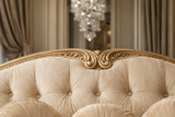 Handcrafted Royal Gold Carved 3 Seater Sofa in Premium Cream Fabric