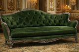 Royal Emerald Velvet Hand-Carved Wooden 3 Seater Sofa – Antique Silver Finish