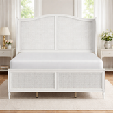 white cane bed frame with curved headboard