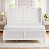 white cane bed frame with curved headboard