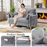 Grey upholstered loveseat couch with tufted backrest