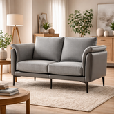 Modern grey fabric sofa with teak wood frame