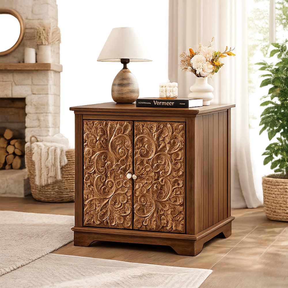 Hand-carved solid teak wood bedside cabinet with floral doors